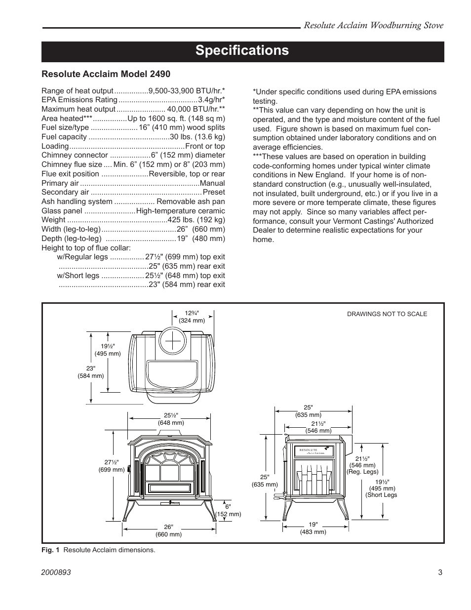 Speciﬁcations, Resolute acclaim woodburning stove, Resolute acclaim model 2490 | Vermont Casting 2490 User Manual | Page 3 / 32