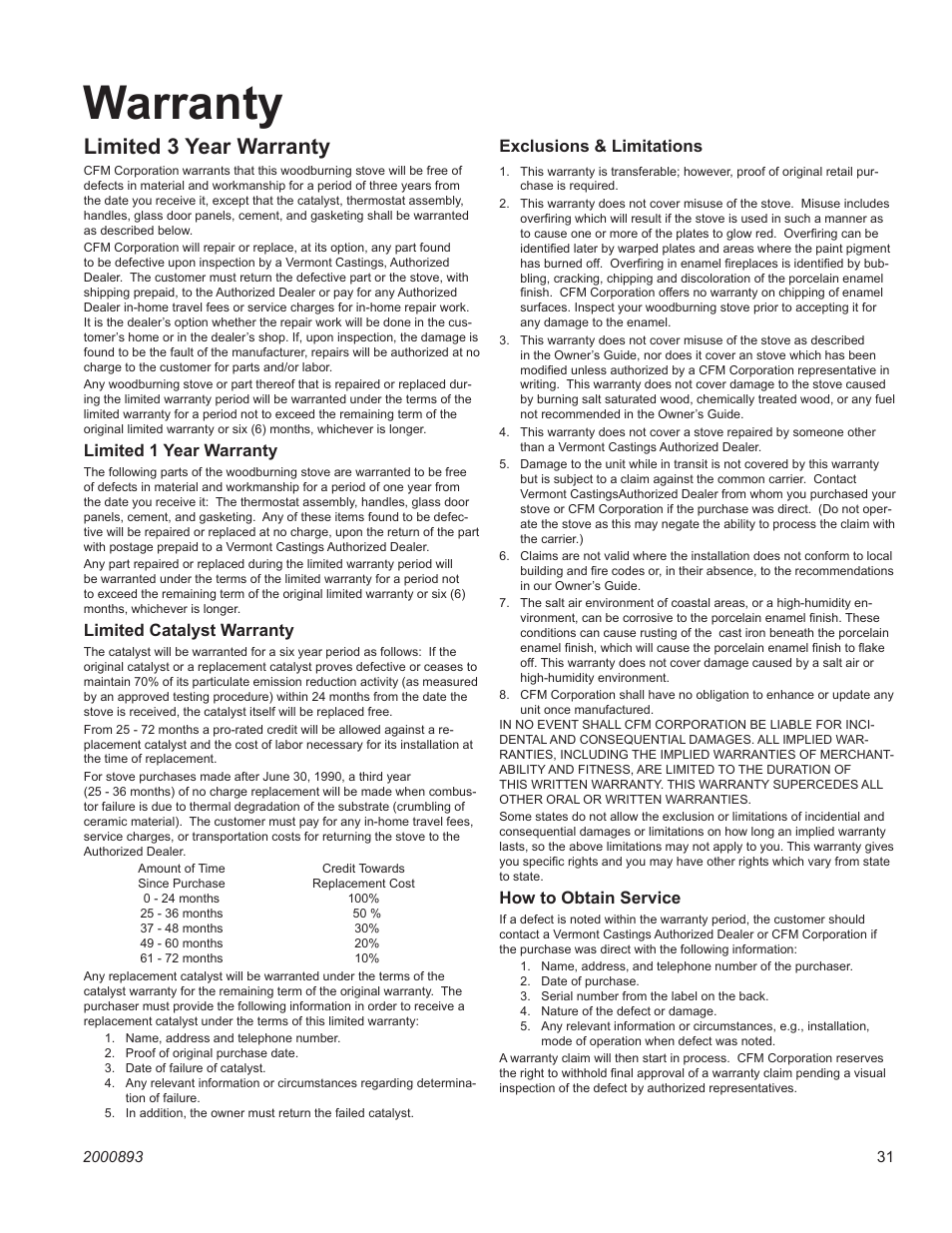 Warranty, Limited 3 year warranty, Resolute acclaim woodburning stove | Vermont Casting 2490 User Manual | Page 31 / 32