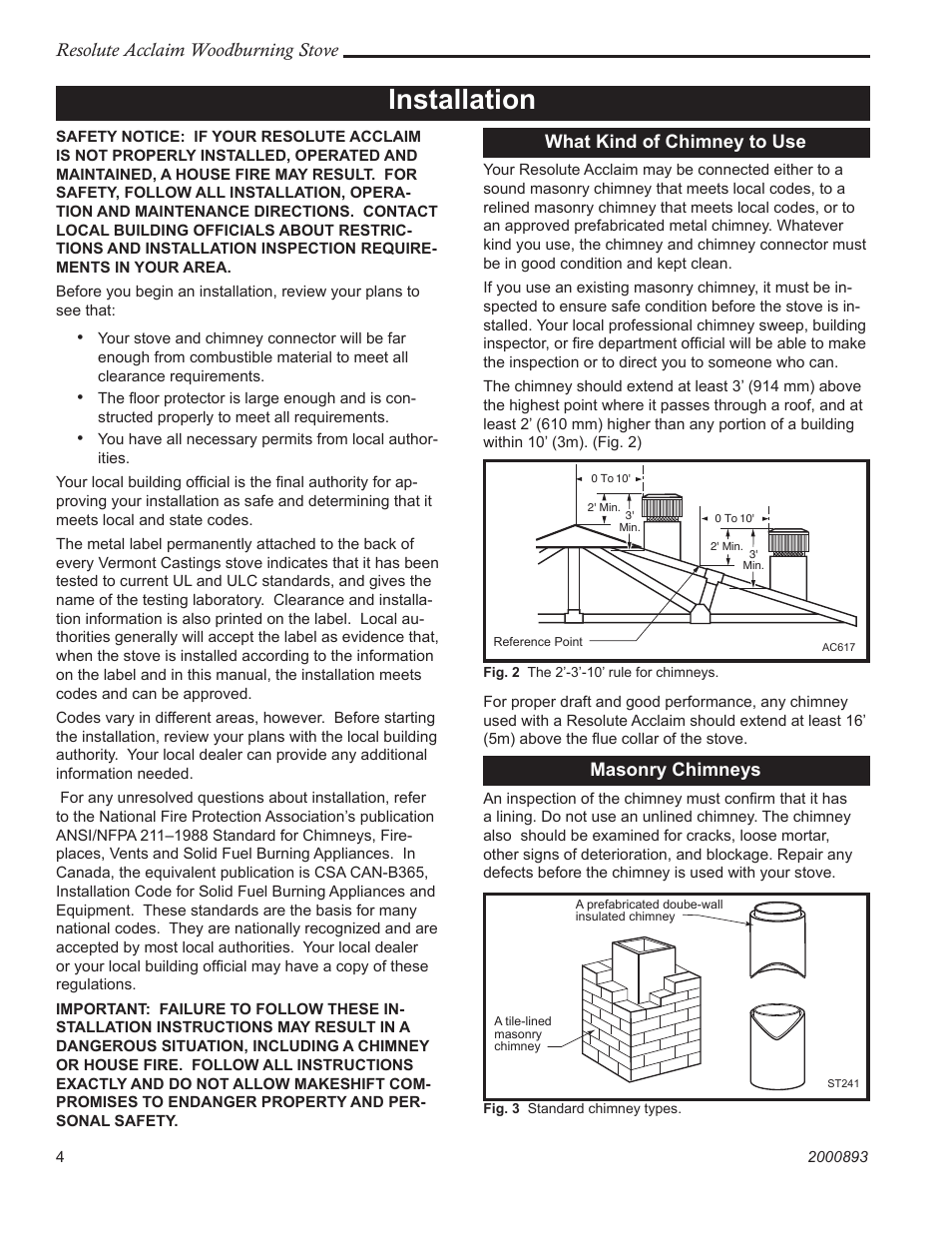Installation, Resolute acclaim woodburning stove, What kind of chimney to use | Masonry chimneys | Vermont Casting 2490 User Manual | Page 4 / 32