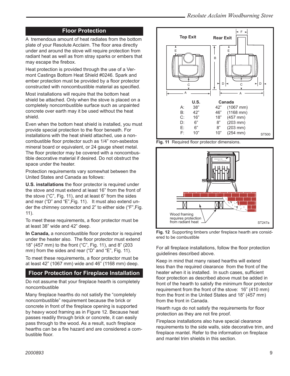 Resolute acclaim woodburning stove, Floor protection, Floor protection for fireplace installation | Vermont Casting 2490 User Manual | Page 9 / 32