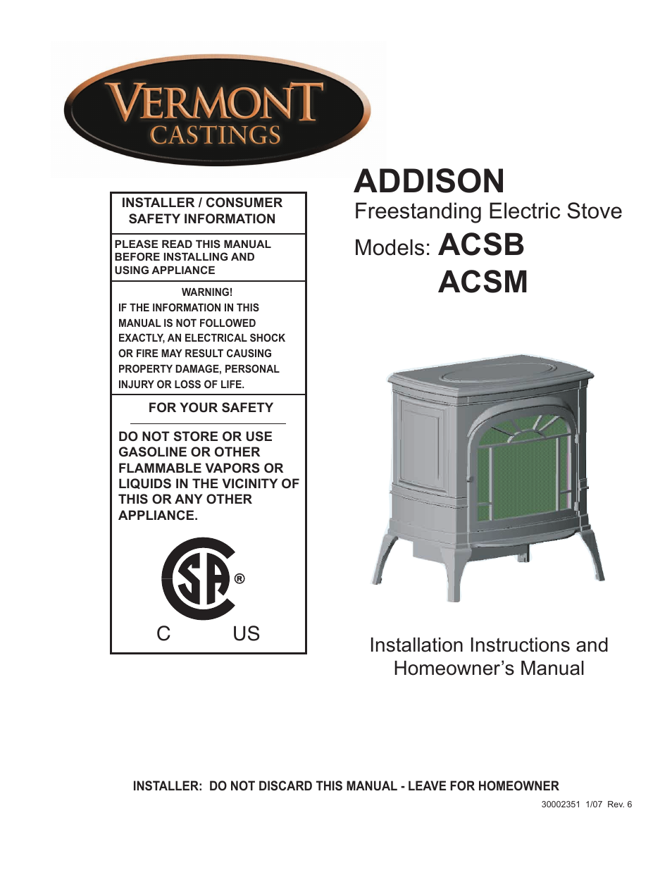 Vermont Casting ACSB ACSM User Manual | 12 pages