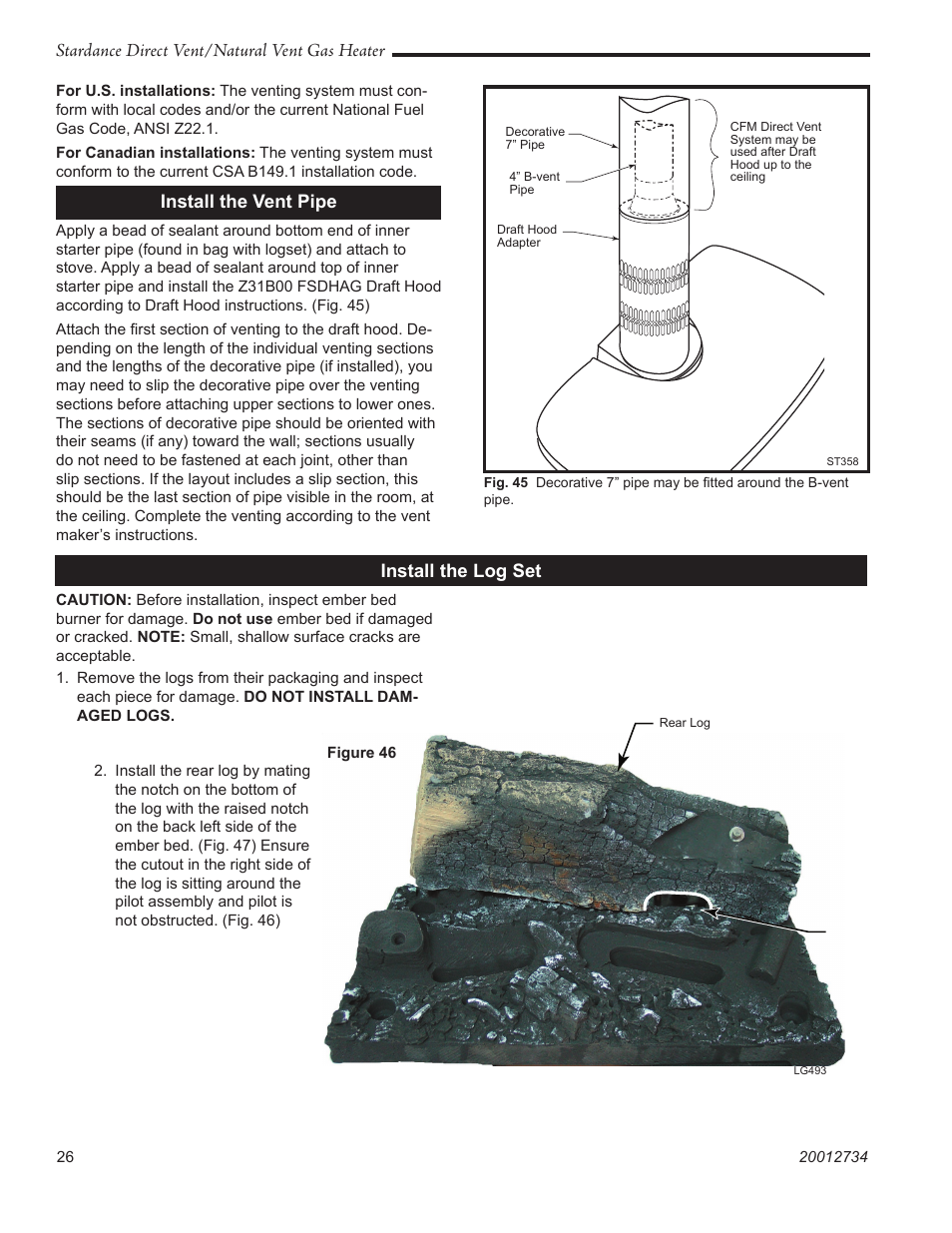 Stardance direct vent/natural vent gas heater, Install the vent pipe, Install the log set | Vermont Casting SDDVTCMB User Manual | Page 26 / 52