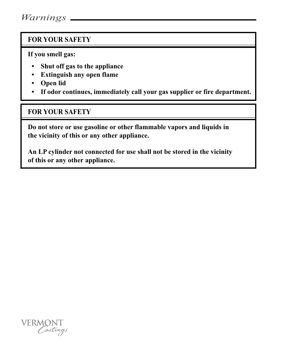 Warnings | Vermont Casting VC100 User Manual | Page 2 / 36