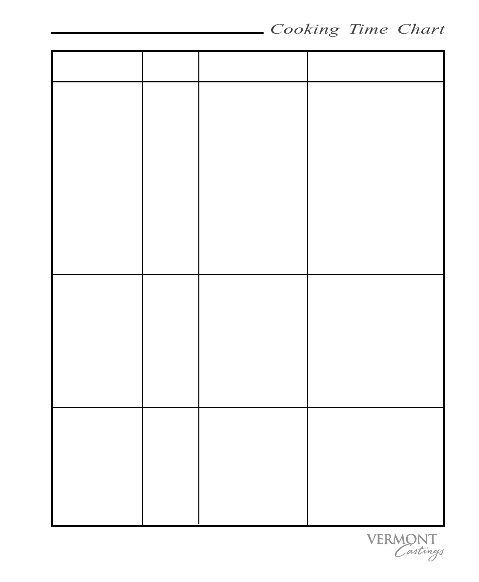 Cooking time chart | Vermont Casting VC100 User Manual | Page 23 / 36