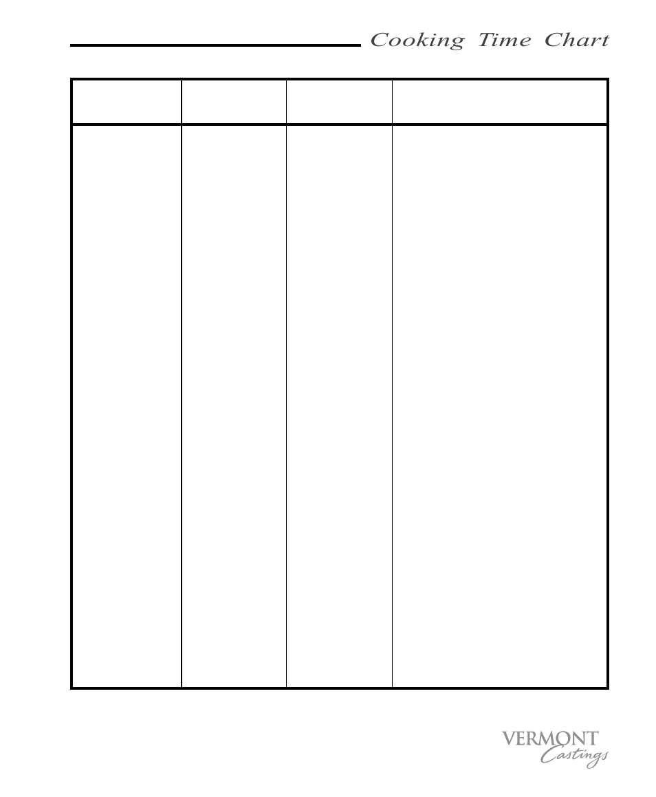 Cooking time chart | Vermont Casting VC100 User Manual | Page 25 / 36