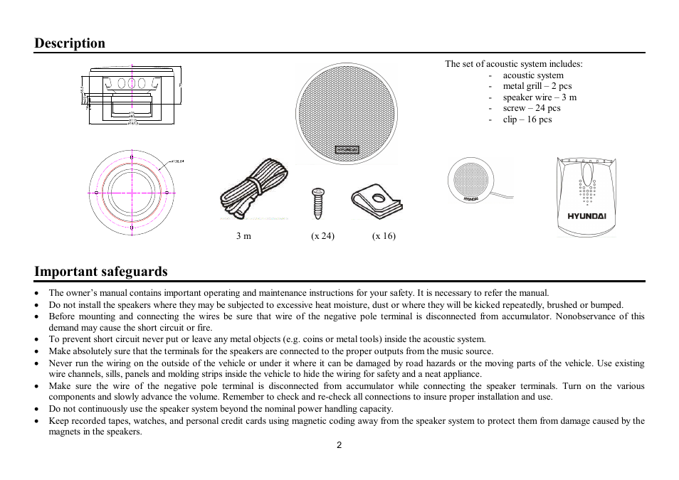 Description, Important safeguards | Hyundai H-CSH52 User Manual | Page 2 / 11
