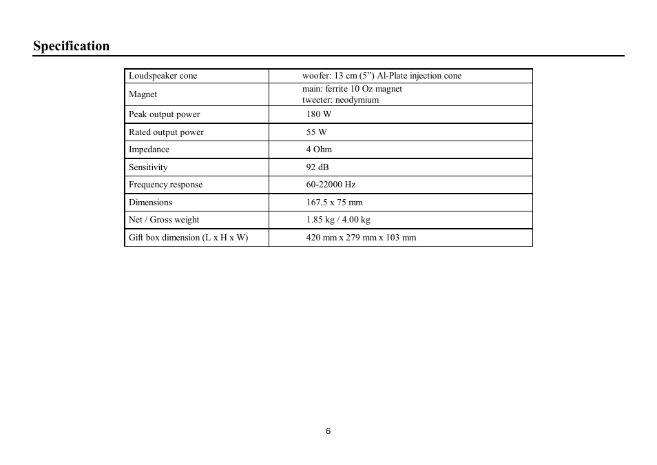 Specification | Hyundai H-CSH52 User Manual | Page 6 / 11