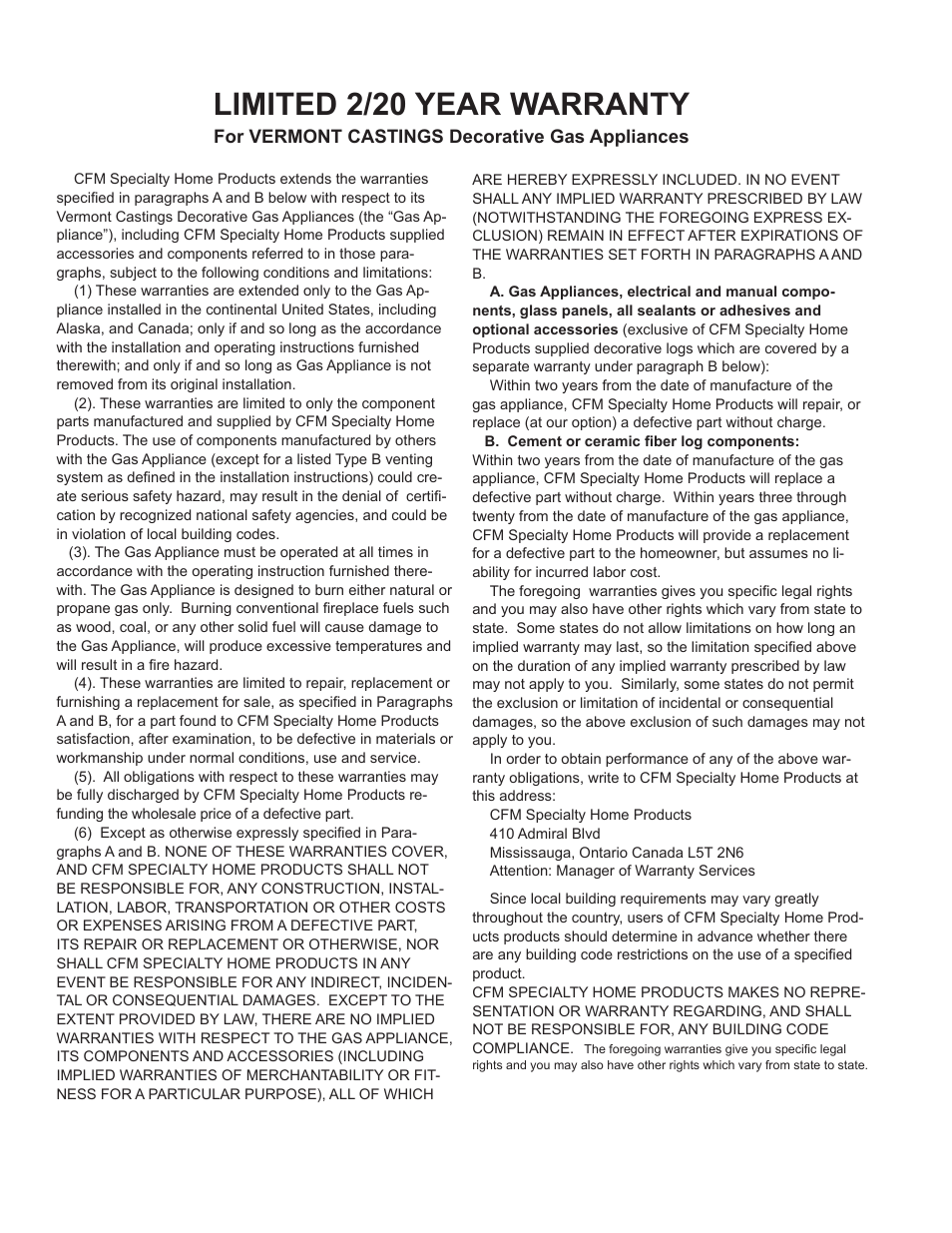 Limited 2/20 year warranty | Vermont Casting P User Manual | Page 12 / 12