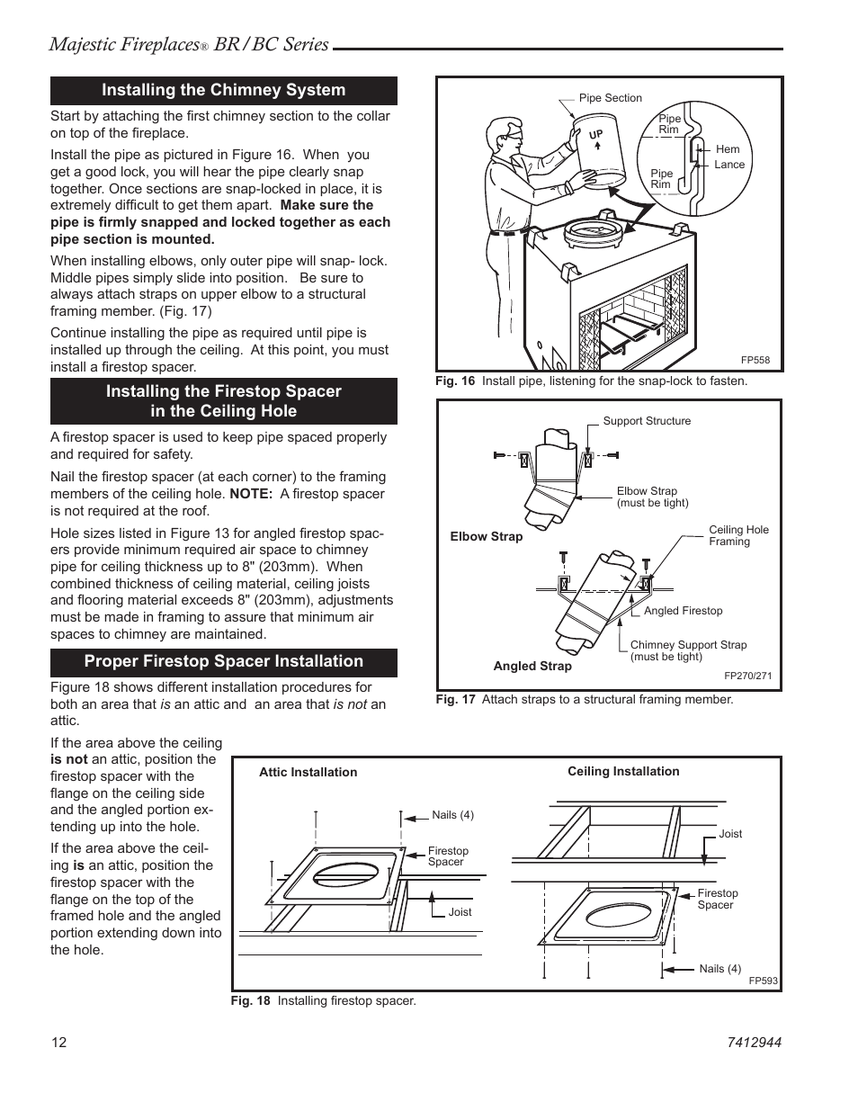 Majestic fireplaces, Br/bc series, Installing the chimney system | Installing the firestop spacer in the ceiling hole, Proper firestop spacer installation | Vermont Casting BR36  EN User Manual | Page 12 / 24