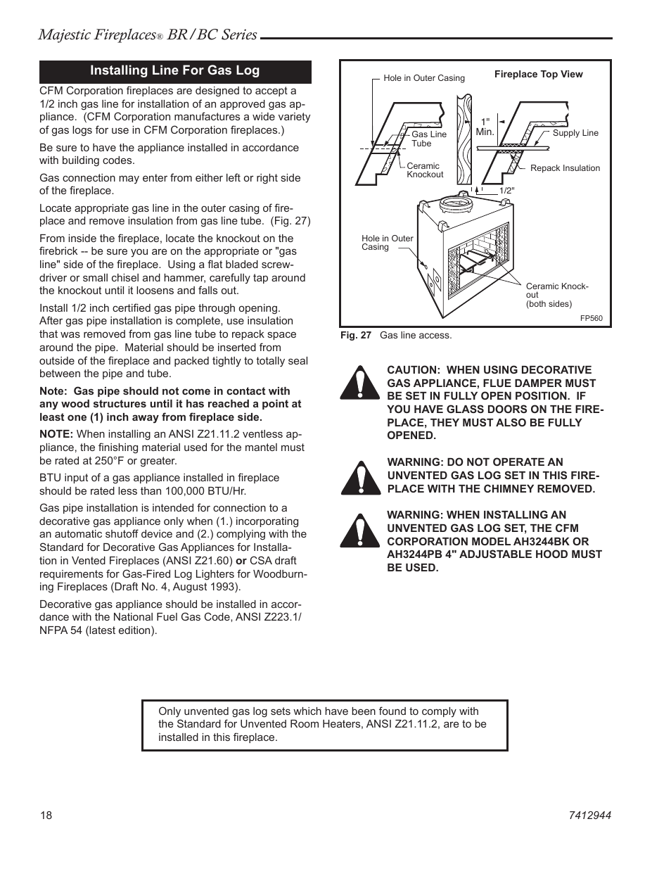 Majestic fireplaces, Br/bc series, Installing line for gas log | Vermont Casting BR36  EN User Manual | Page 18 / 24