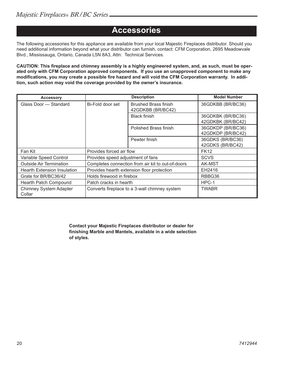 Accessories, Majestic fireplaces, Br/bc series | Vermont Casting BR36  EN User Manual | Page 20 / 24