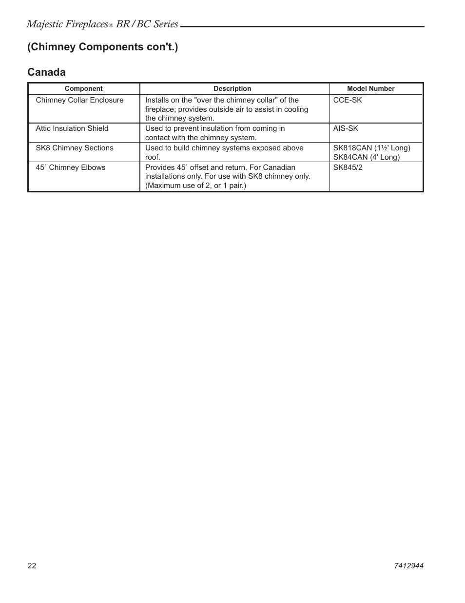 Majestic fireplaces, Br/bc series, Canada | Chimney components con't.) | Vermont Casting BR36  EN User Manual | Page 22 / 24