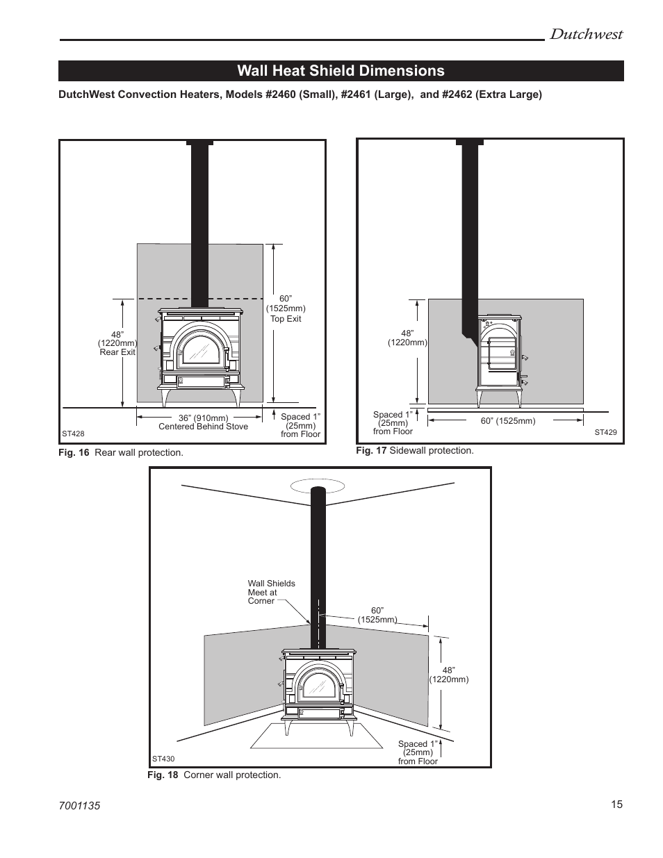 Dutchwest, Wall heat shield dimensions | Vermont Casting DutchWest 2462 User Manual | Page 15 / 32