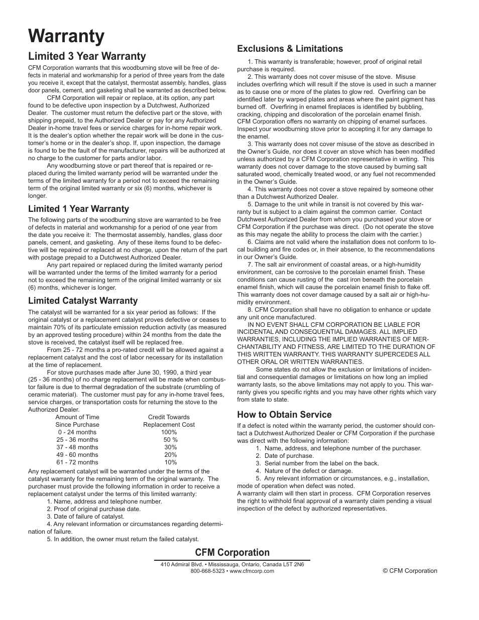 Warranty, Limited 3 year warranty, Cfm corporation | Limited 1 year warranty, Limited catalyst warranty, Exclusions & limitations, How to obtain service | Vermont Casting DutchWest 2462 User Manual | Page 32 / 32