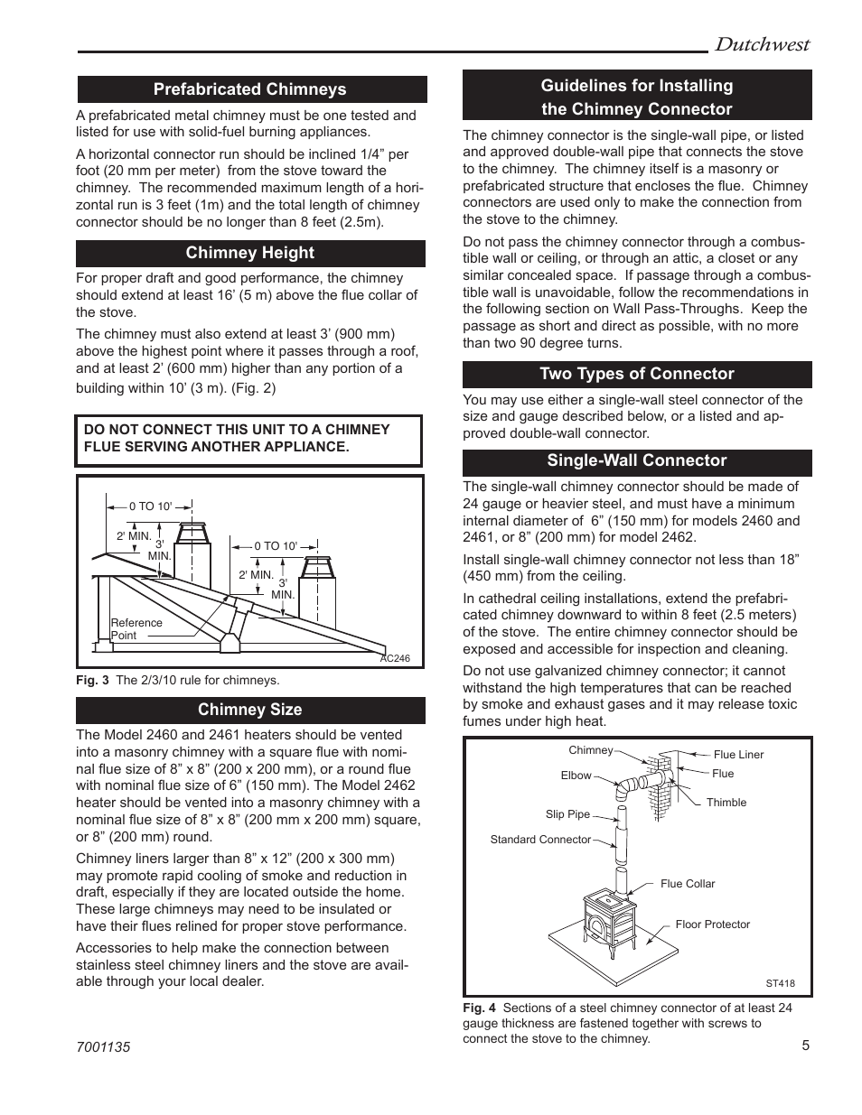 Dutchwest, Prefabricated chimneys, Chimney height | Chimney size, Guidelines for installing the chimney connector, Two types of connector, Single-wall connector | Vermont Casting DutchWest 2462 User Manual | Page 5 / 32