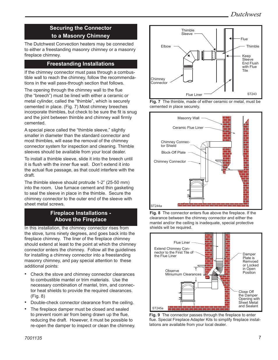 Dutchwest, Securing the connector to a masonry chimney, Freestanding installations | Fireplace installations - above the fireplace | Vermont Casting DutchWest 2462 User Manual | Page 7 / 32