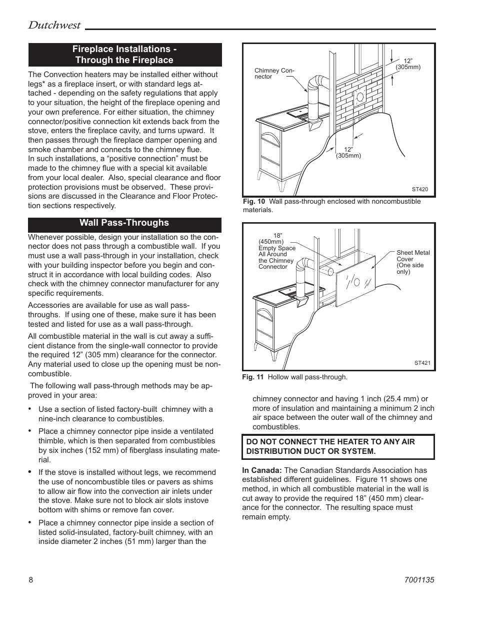 Dutchwest, Fireplace installations - through the fireplace, Wall pass-throughs | Vermont Casting DutchWest 2462 User Manual | Page 8 / 32