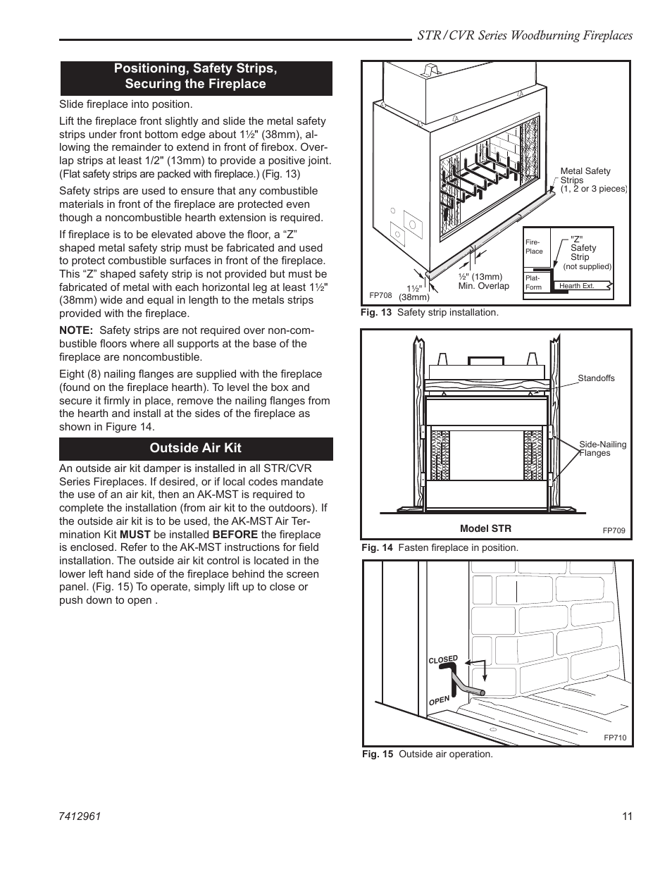 Str/cvr series woodburning fireplaces, Positioning, safety strips, securing the fireplace, Outside air kit | Vermont Casting STR33 User Manual | Page 11 / 28