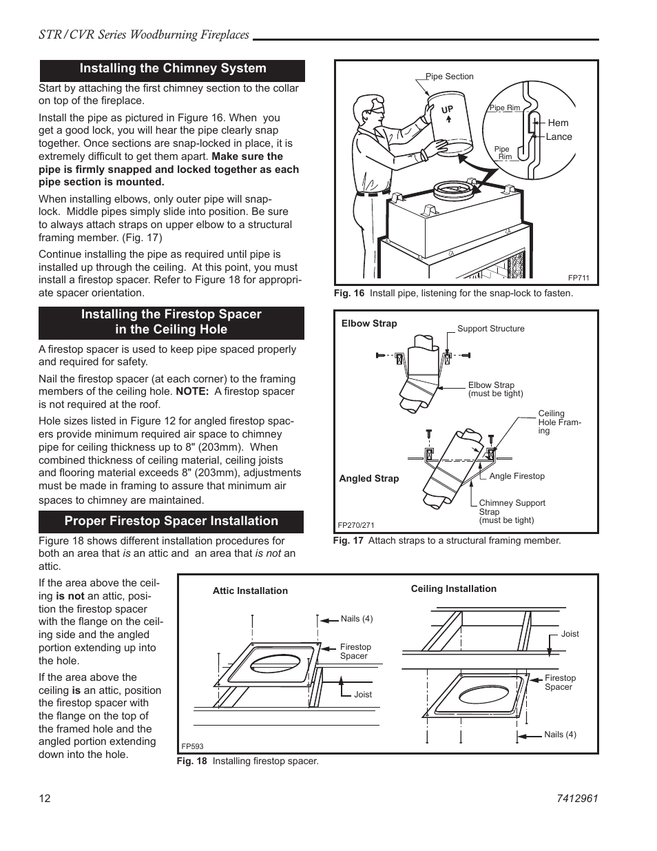 Str/cvr series woodburning fireplaces, Installing the chimney system, Installing the firestop spacer in the ceiling hole | Proper firestop spacer installation | Vermont Casting STR33 User Manual | Page 12 / 28