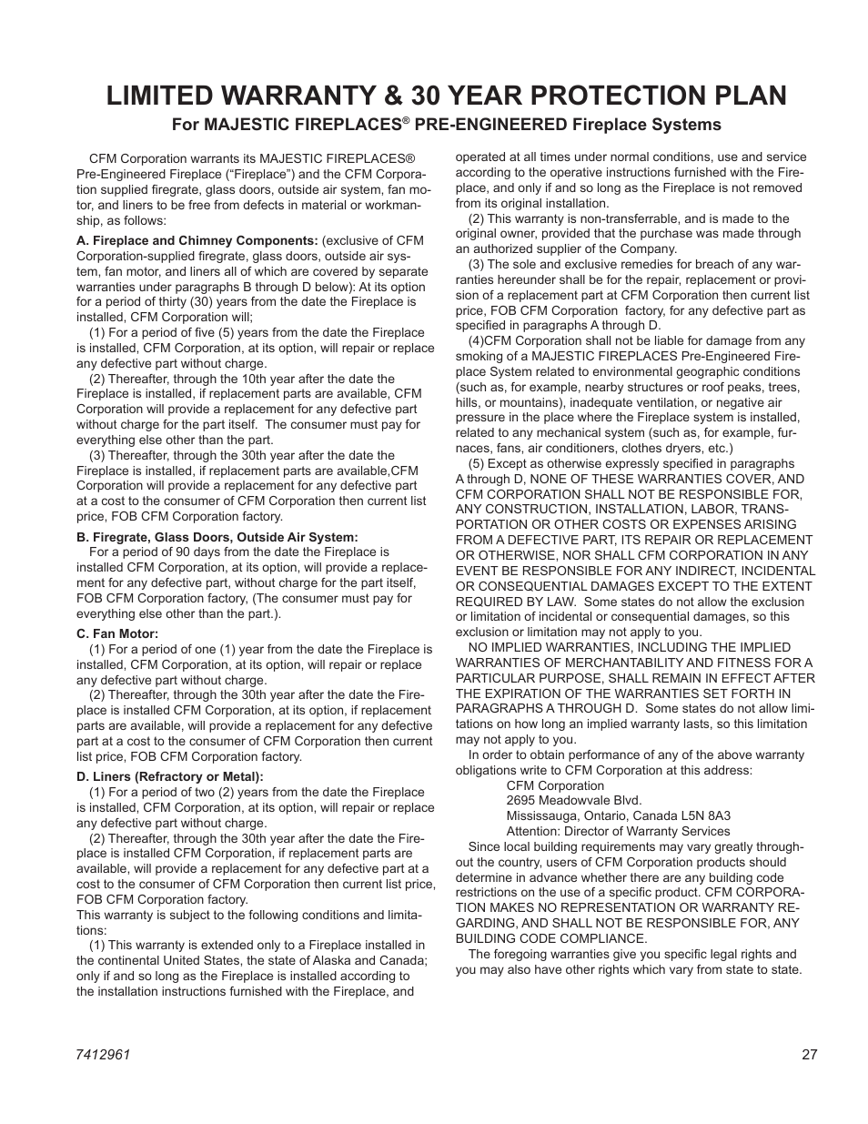 Limited warranty & 30 year protection plan | Vermont Casting STR33 User Manual | Page 27 / 28