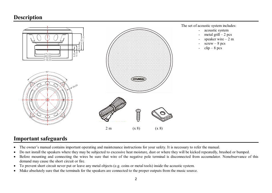 Description, Important safeguards | Hyundai H-CSH502 User Manual | Page 2 / 11