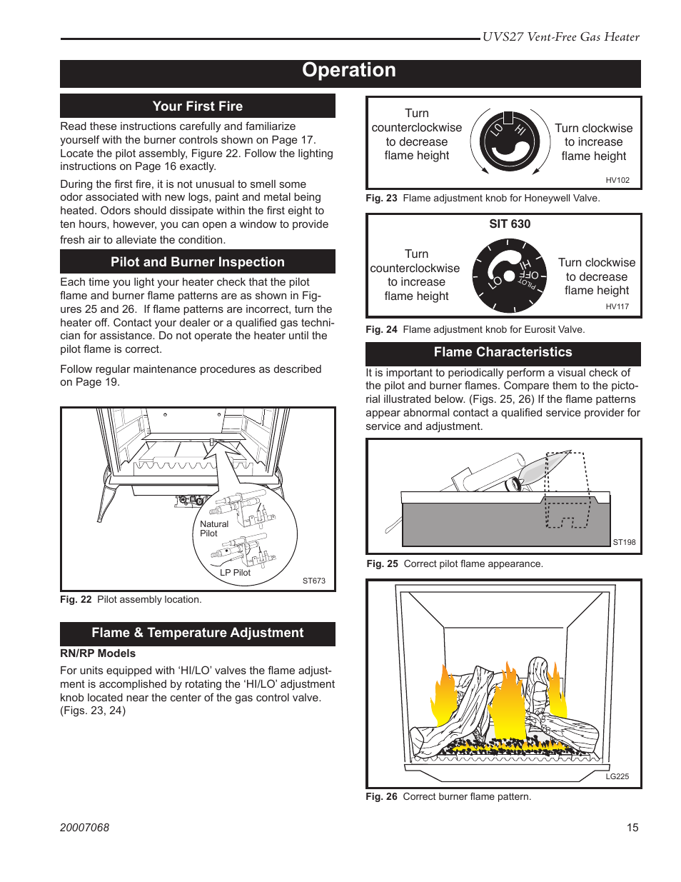 Operation, Uvs27 vent-free gas heater, Your first fire | Pilot and burner inspection, Flame & temperature adjustment, Flame characteristics | Vermont Casting 4030 - 4036 User Manual | Page 15 / 28