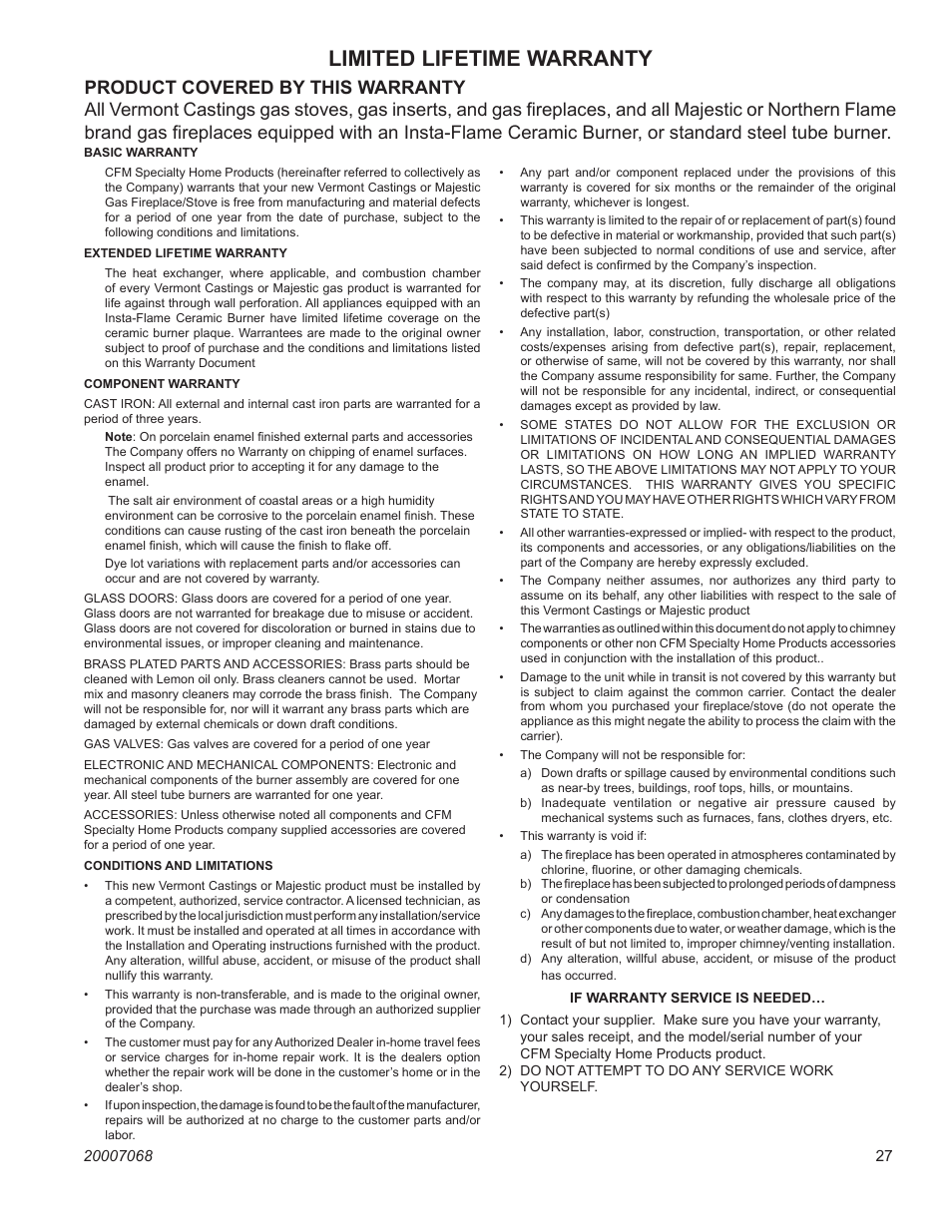 Limited lifetime warranty, Uvs27 vent-free gas heater | Vermont Casting 4030 - 4036 User Manual | Page 27 / 28