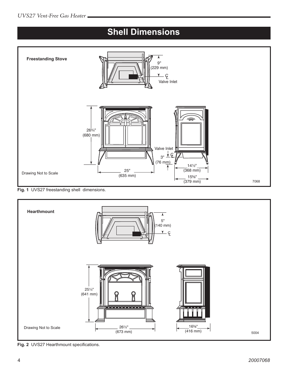 Shell dimensions, Uvs27 vent-free gas heater | Vermont Casting 4030 - 4036 User Manual | Page 4 / 28