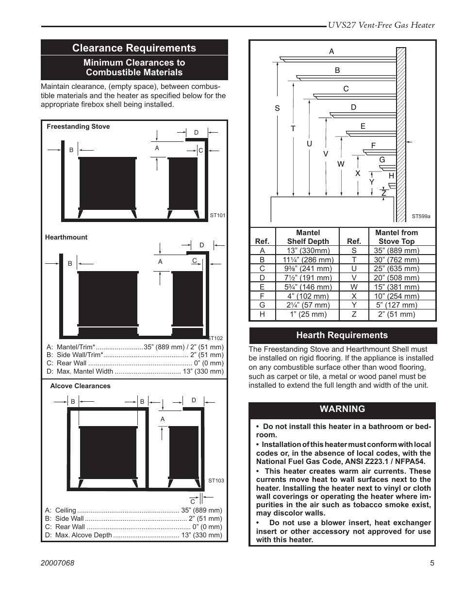 Clearance requirements, Uvs27 vent-free gas heater, Hearth requirements | Minimum clearances to combustible materials, Warning | Vermont Casting 4030 - 4036 User Manual | Page 5 / 28