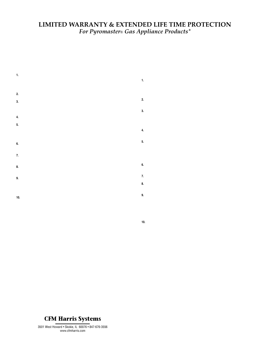 Limited warranty & extended life time protection, For pyromaster, Gas appliance products | Cfm harris systems | Vermont Casting H33BDVRRN User Manual | Page 32 / 32