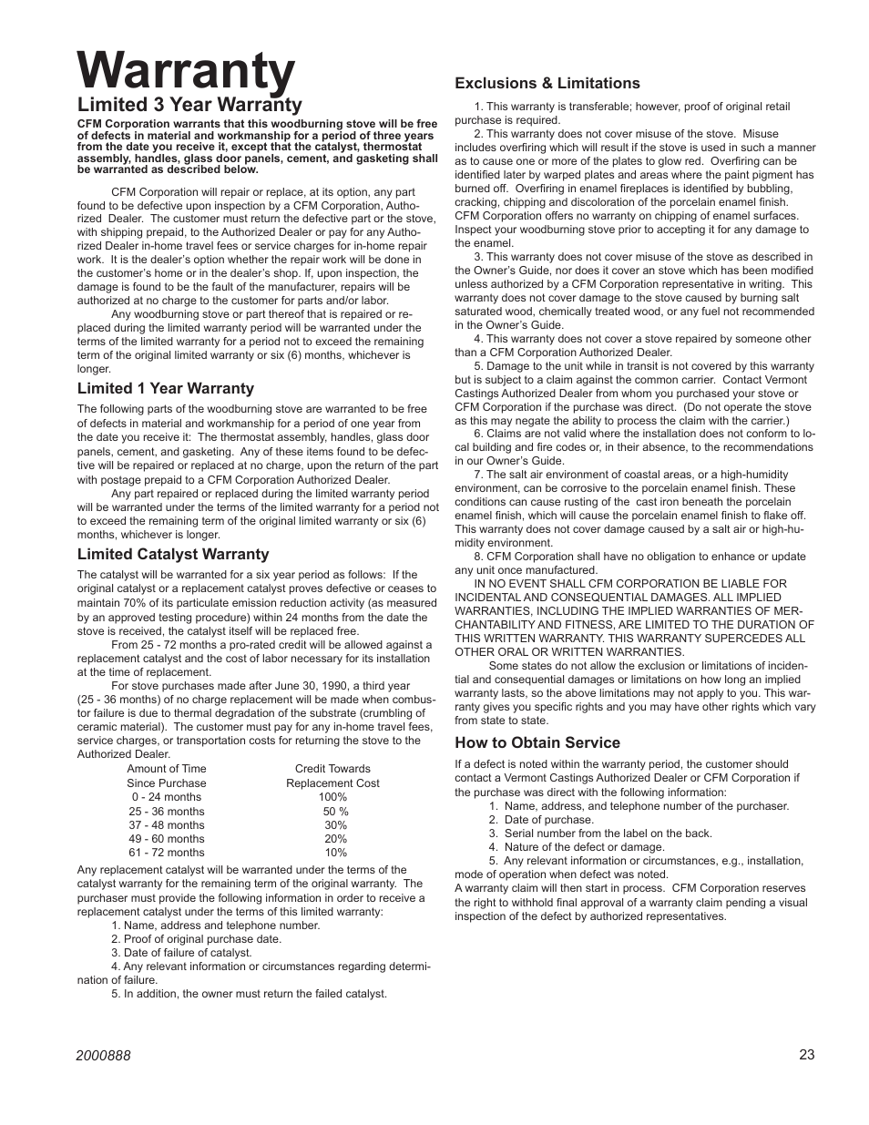 Warranty, Limited 3 year warranty, Winterwarm small insert | Limited 1 year warranty, Limited catalyst warranty, Exclusions & limitations, How to obtain service | Vermont Casting 2080 User Manual | Page 23 / 24