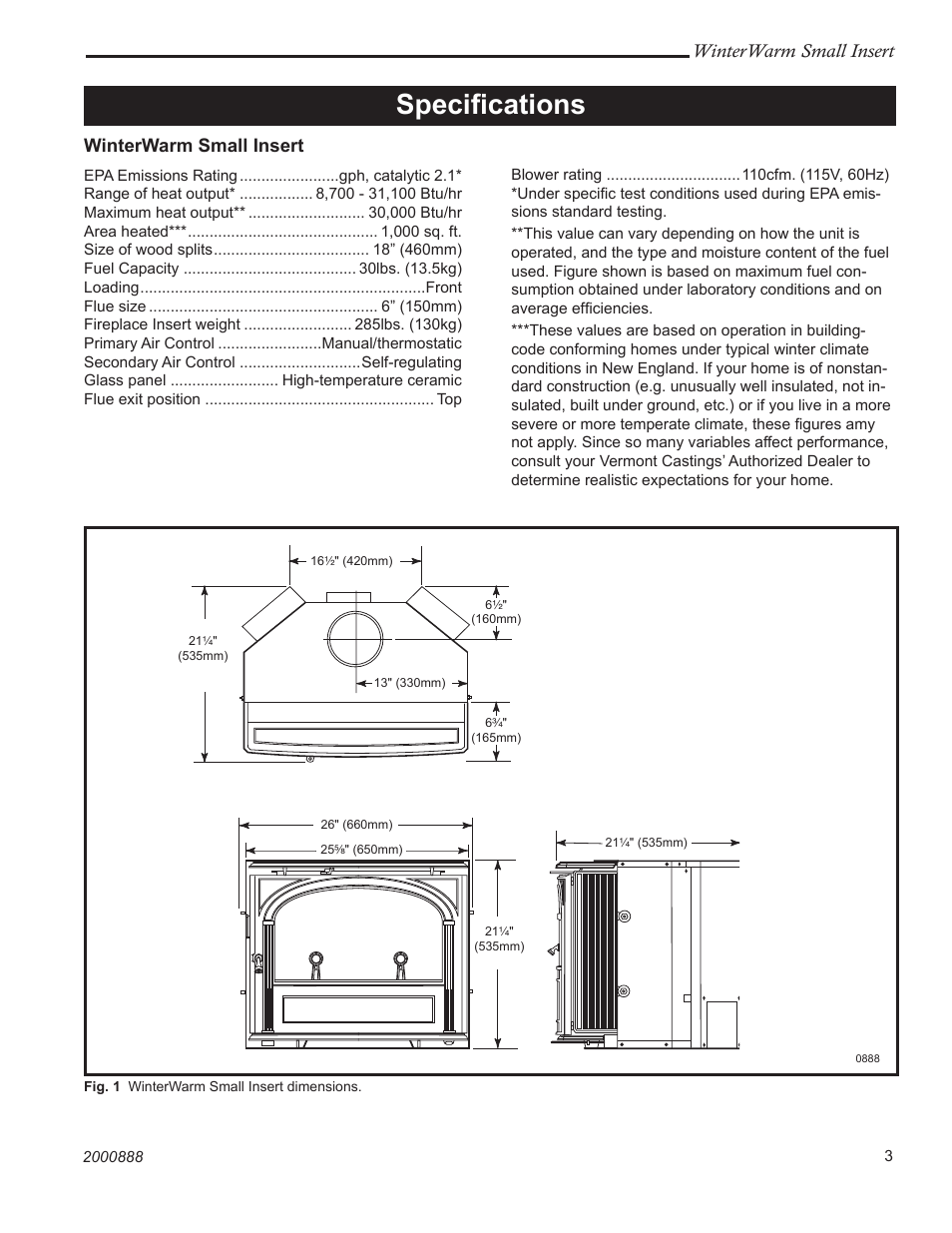 Speciﬁcations, Winterwarm small insert | Vermont Casting 2080 User Manual | Page 3 / 24