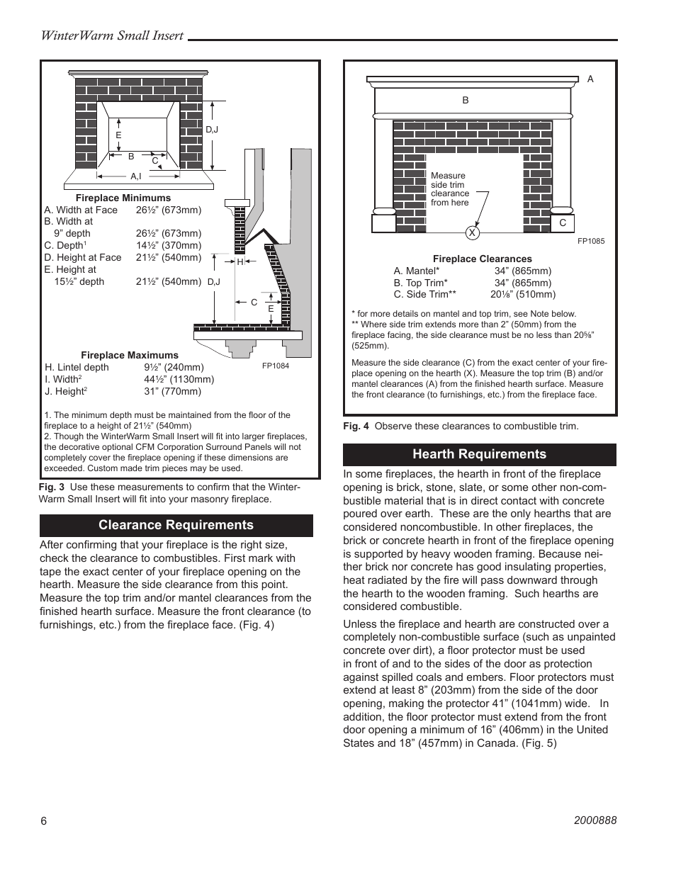 Winterwarm small insert, Clearance requirements, Hearth requirements | Vermont Casting 2080 User Manual | Page 6 / 24