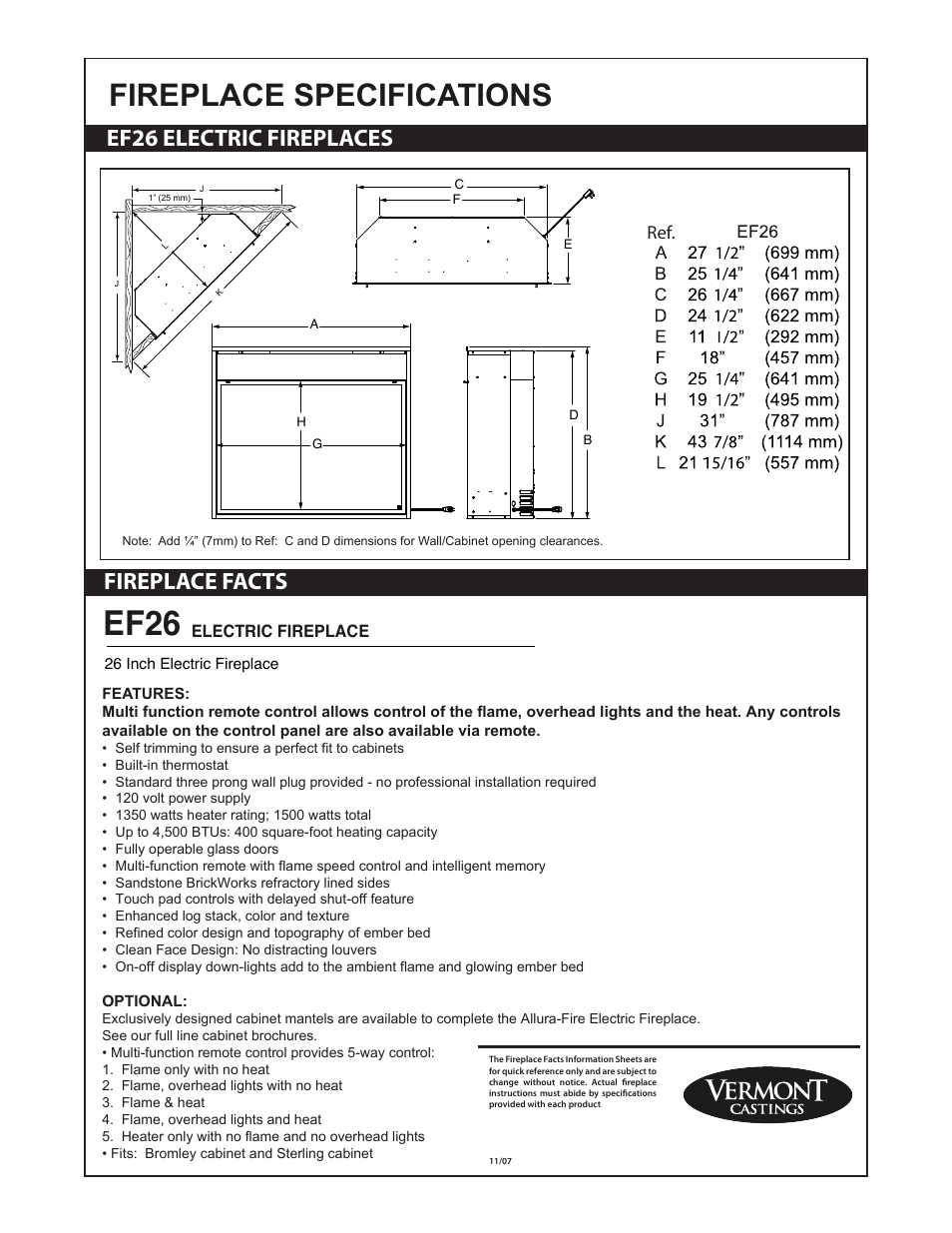 Vermont Casting Allura-Fire Electric Fireplaces EF26 User Manual | 1 page