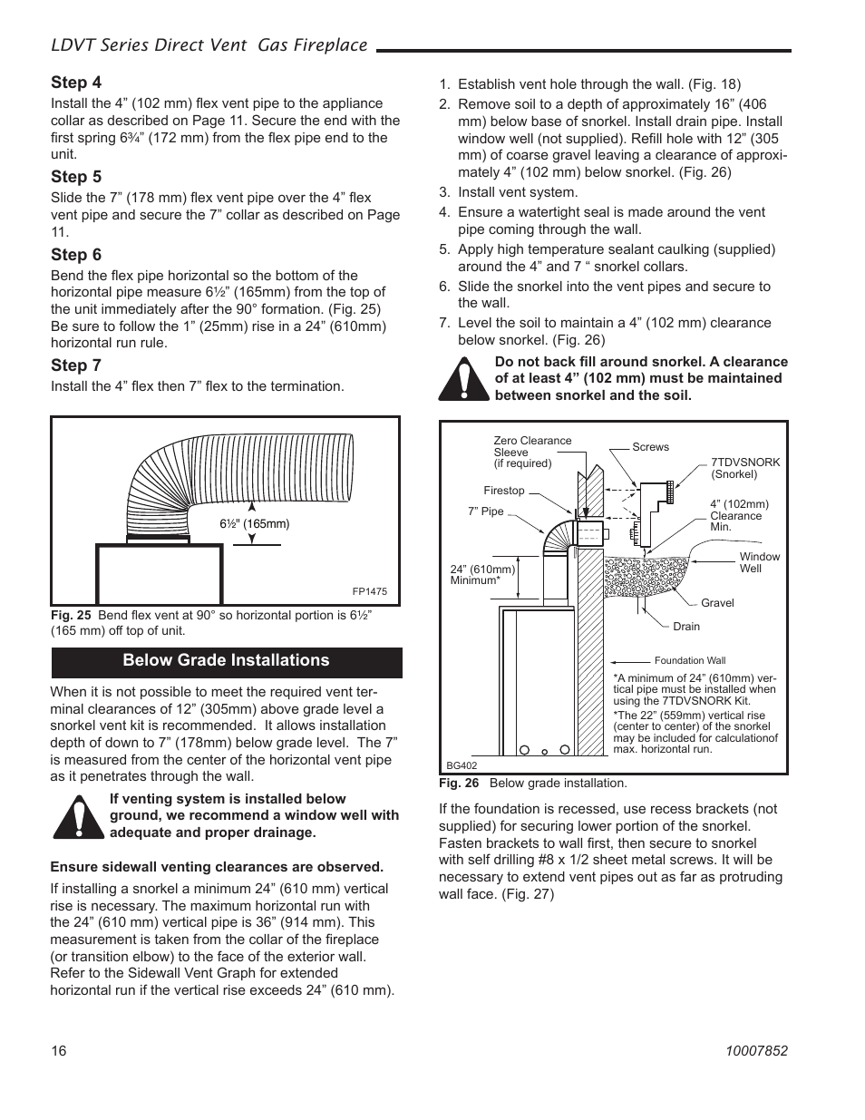 Ldvt series direct vent gas fireplace, Below grade installations, Step 4 | Step 5, Step 6, Step 7 | Vermont Casting 43LDVT User Manual | Page 16 / 40