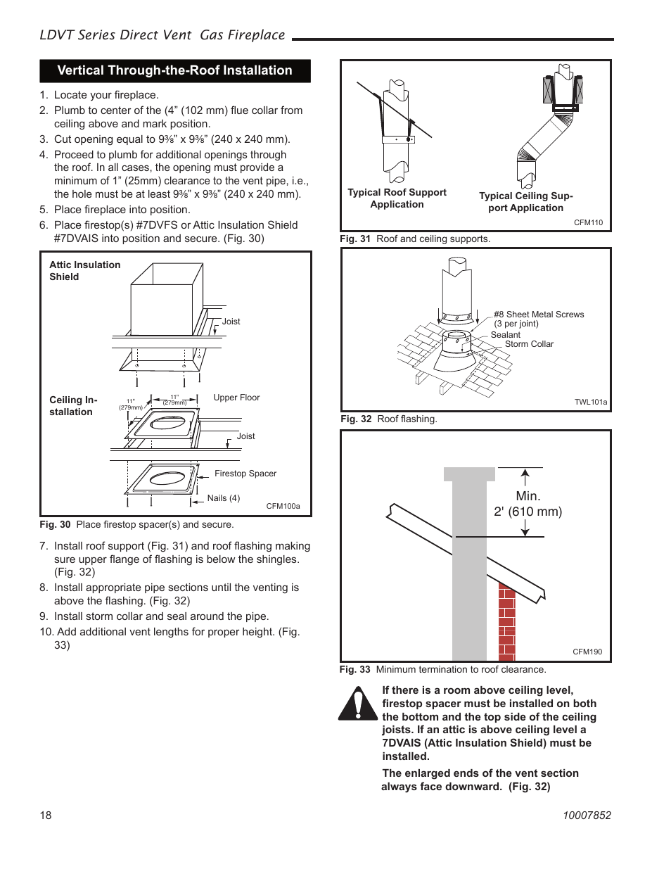 Ldvt series direct vent gas fireplace, Vertical through-the-roof installation, Min. 2' (610 mm) | Vermont Casting 43LDVT User Manual | Page 18 / 40