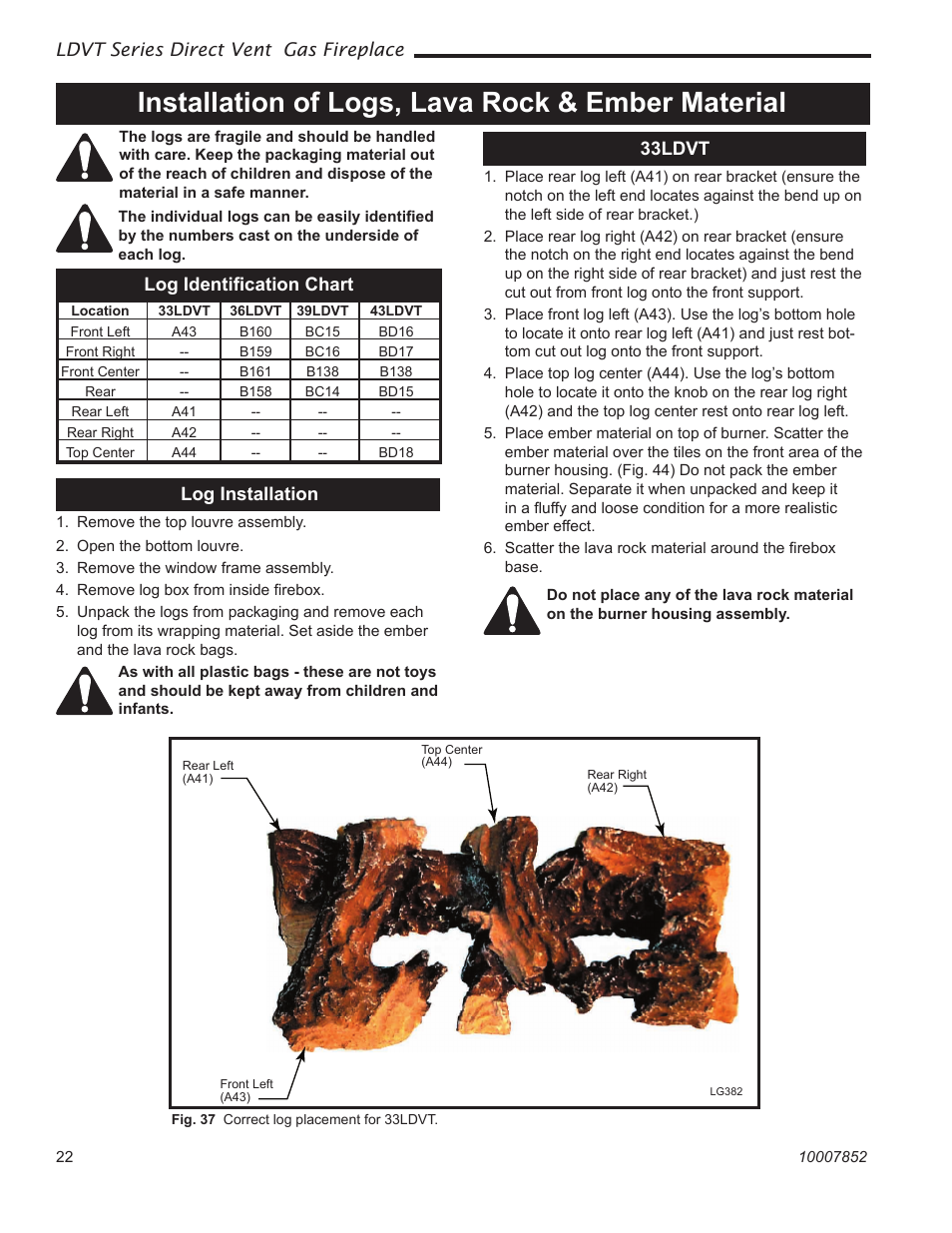 Installation of logs, lava rock & ember material | Vermont Casting 43LDVT User Manual | Page 22 / 40