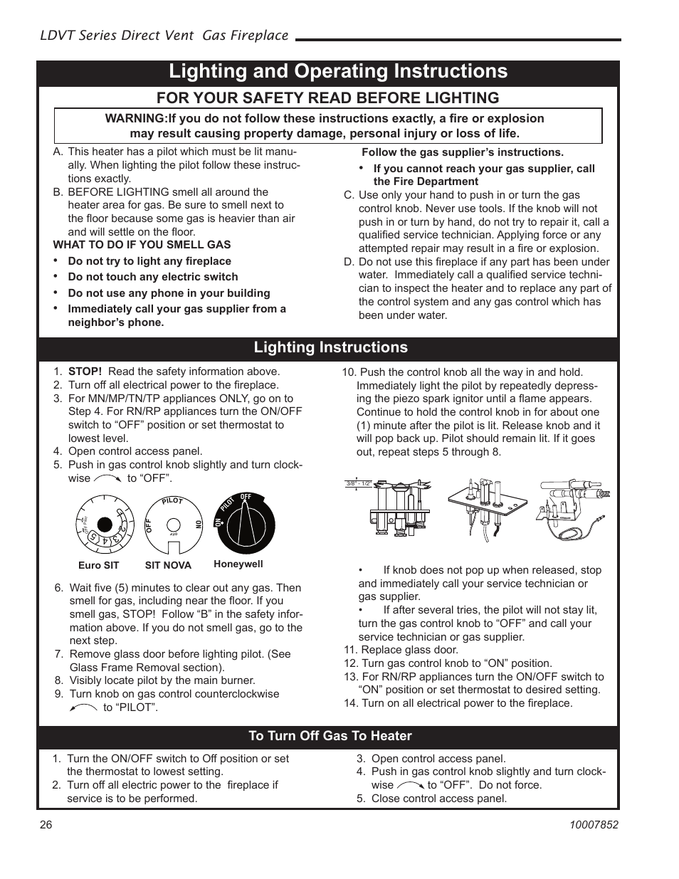Lighting and operating instructions, For your safety read before lighting, Lighting instructions | Ldvt series direct vent gas fireplace | Vermont Casting 43LDVT User Manual | Page 26 / 40
