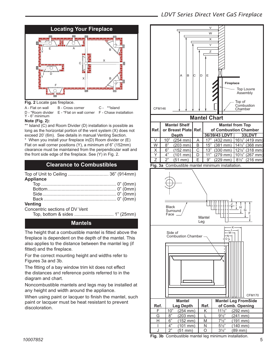 Ldvt series direct vent gas fireplace, Locating your fireplace, Mantels | Clearance to combustibles, Mantel chart | Vermont Casting 43LDVT User Manual | Page 5 / 40