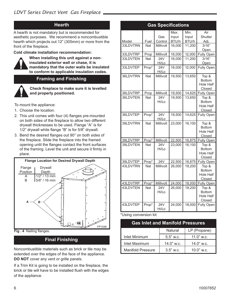 Ldvt series direct vent gas fireplace, Hearth, Final finishing framing and finishing | Gas inlet and manifold pressures, Gas speciﬁcations | Vermont Casting 43LDVT User Manual | Page 6 / 40