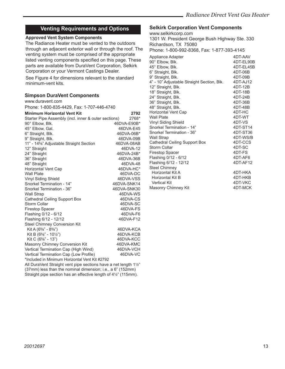 Radiance direct vent gas heater, Venting requirements and options | Vermont Casting RADVTCB User Manual | Page 13 / 52