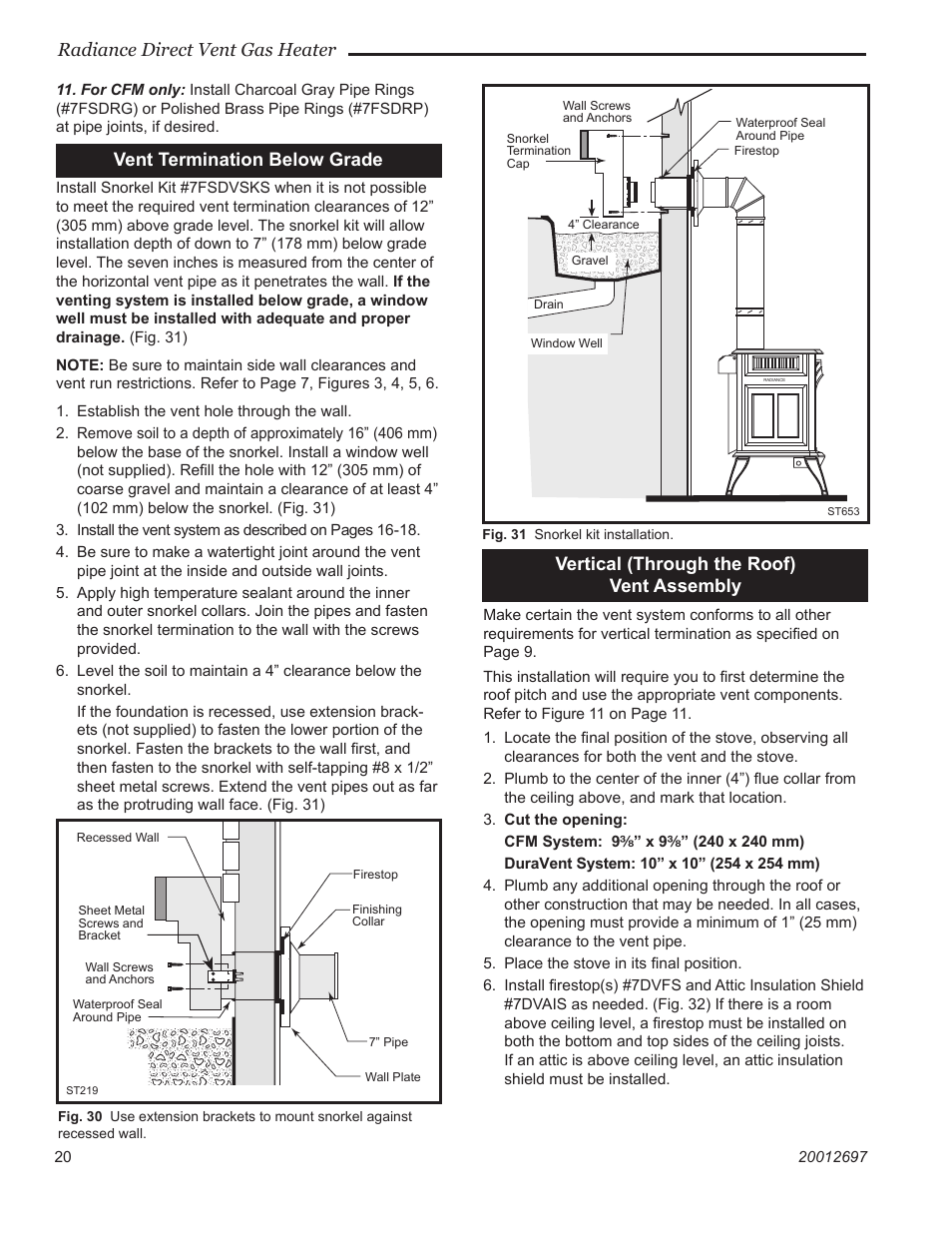 Radiance direct vent gas heater, Vent termination below grade, Vertical (through the roof) vent assembly | Vermont Casting RADVTCB User Manual | Page 20 / 52