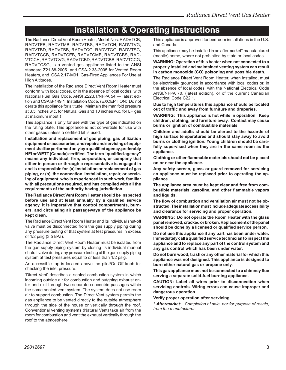 Installation & operating instructions | Vermont Casting RADVTCB User Manual | Page 3 / 52