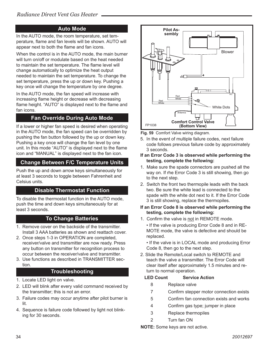 Radiance direct vent gas heater, Auto mode, Fan override during auto mode | Change between f/c temperature units, Disable thermostat function, Troubleshooting | Vermont Casting RADVTCB User Manual | Page 34 / 52