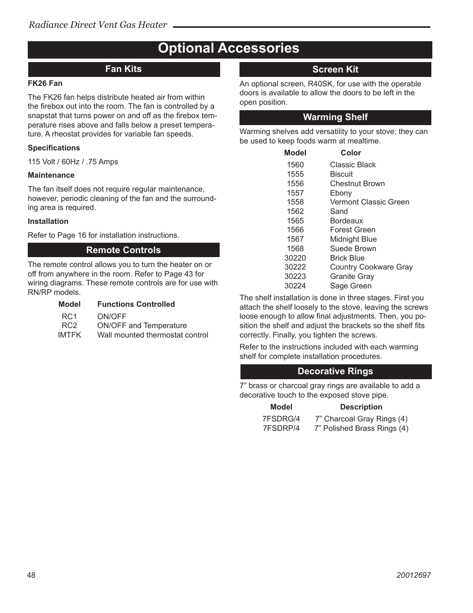 Optional accessories | Vermont Casting RADVTCB User Manual | Page 48 / 52