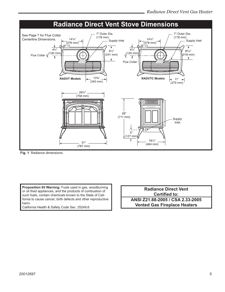 Radiance direct vent stove dimensions, Radiance direct vent gas heater | Vermont Casting RADVTCB User Manual | Page 5 / 52