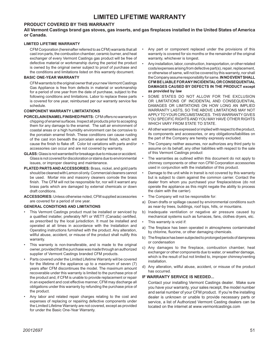 Limited lifetime warranty, Radiance direct vent gas heater | Vermont Casting RADVTCB User Manual | Page 51 / 52