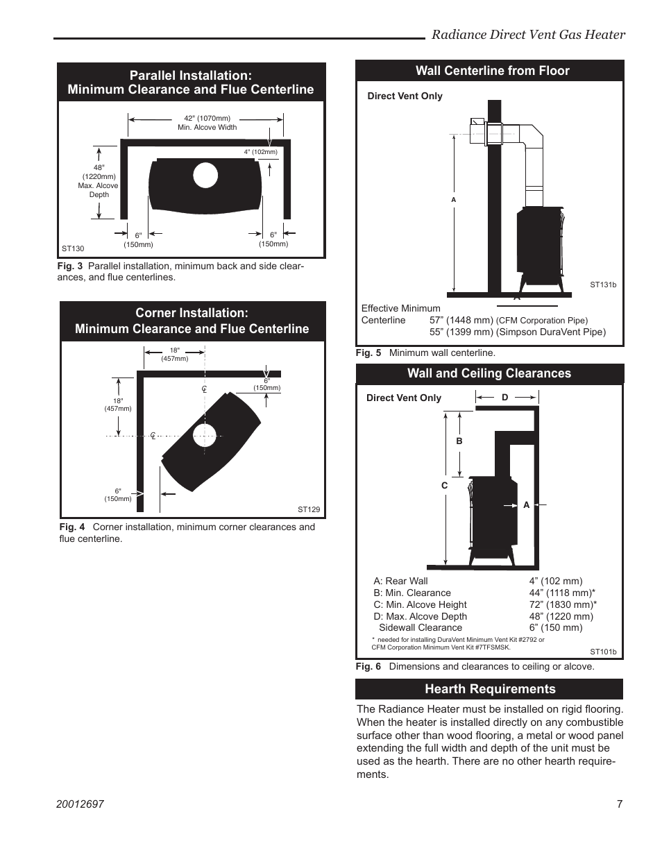 Radiance direct vent gas heater, Wall centerline from floor, Hearth requirements | Wall and ceiling clearances | Vermont Casting RADVTCB User Manual | Page 7 / 52