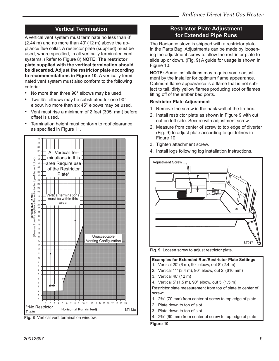 Radiance direct vent gas heater, Vertical termination, Restrictor plate adjustment for extended pipe runs | Vermont Casting RADVTCB User Manual | Page 9 / 52