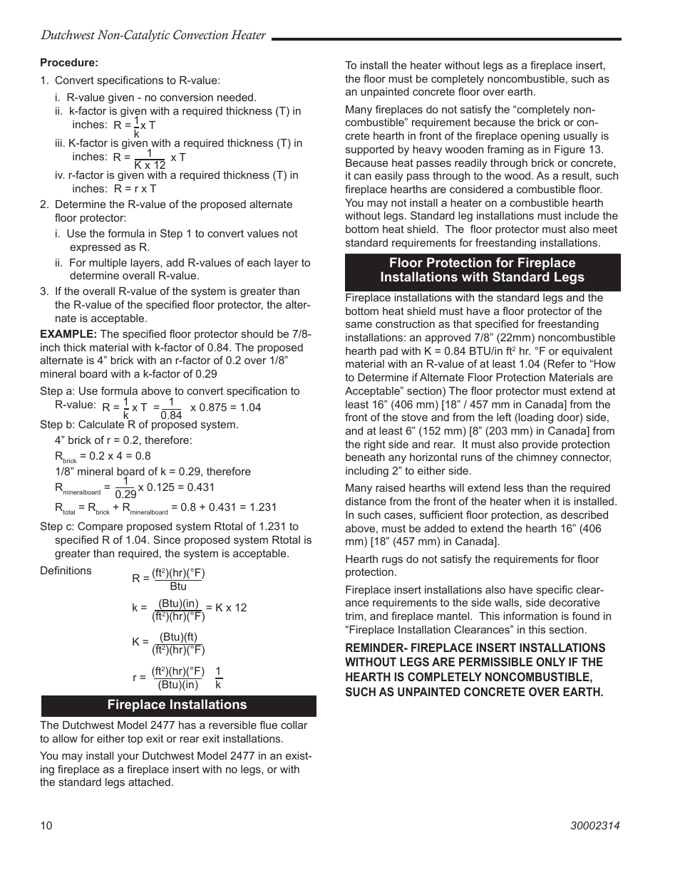 Dutchwest non-catalytic convection heater, Fireplace installations | Vermont Casting 2477 User Manual | Page 10 / 32